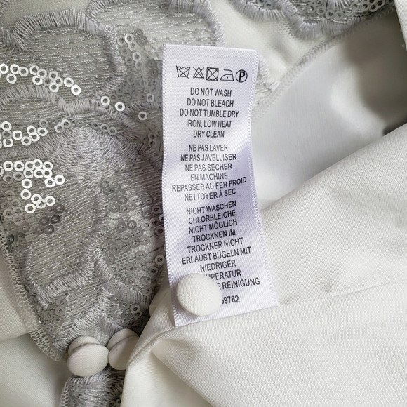 Adrianna Papell Silver White Lace Sequin Blouson Column Gown Brigerton Size 4 - Picture 13 of 13